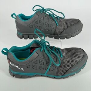 Reebok Work Shoes WOMENS Gray Teal Lace Up Alloy Toe Sneakers SIZE 9.5